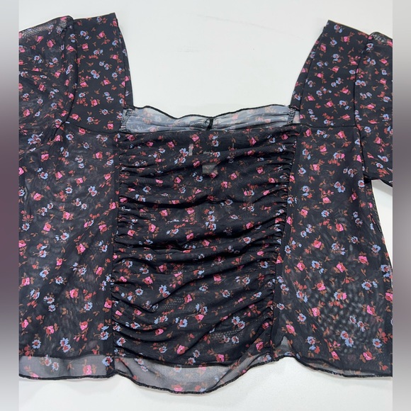 Topshop Ruched Ditsy Floral Mesh Crop Top Black Multi US Size 8 Medium - Picture 8 of 9